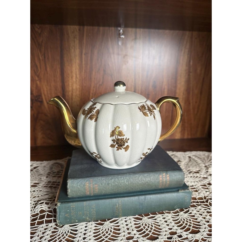 Vintage Gibson Staffordshire Teapot Ivory Gold Gilt | Pumpkin Form English